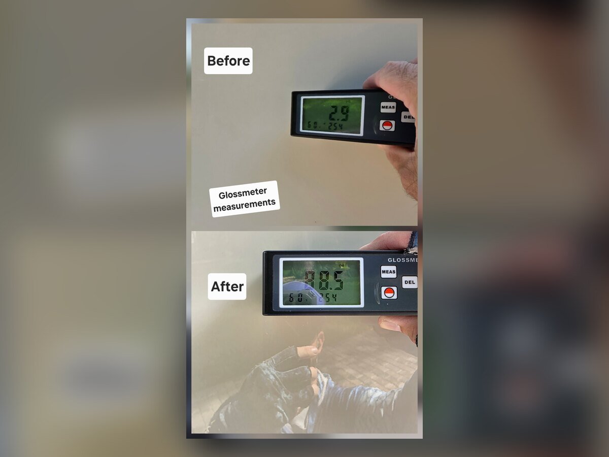 Gel coat correction result on a faded hull